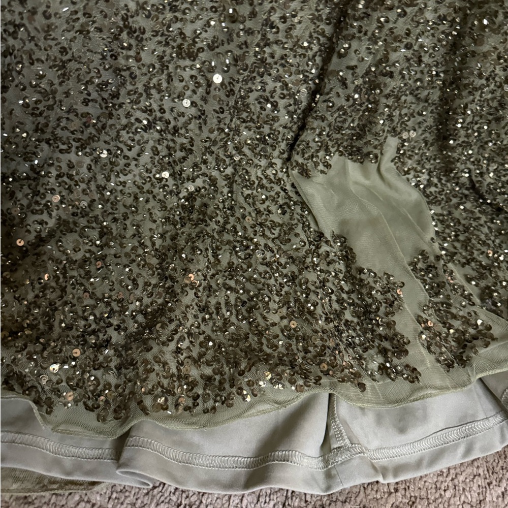 Mac Duggal Sparkling Long Sleeve Olive Green Gown Dress - Picture 10 of 16